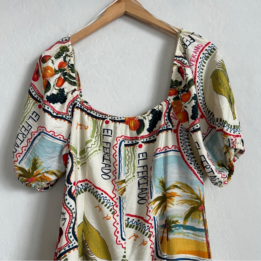 Primark Dress 14 Mini Puff Sleeve Flutter Hem Tropical Fruit Colorful Print - Picture 6 of 13